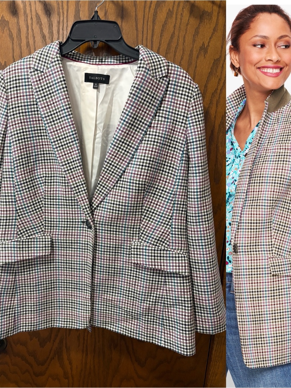 Talbots Multi-Color Houndstooth Plaid Single-Button Blazer